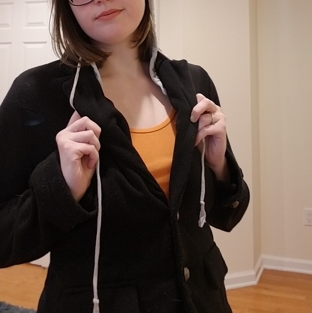 Black jacket with detachable grey hood